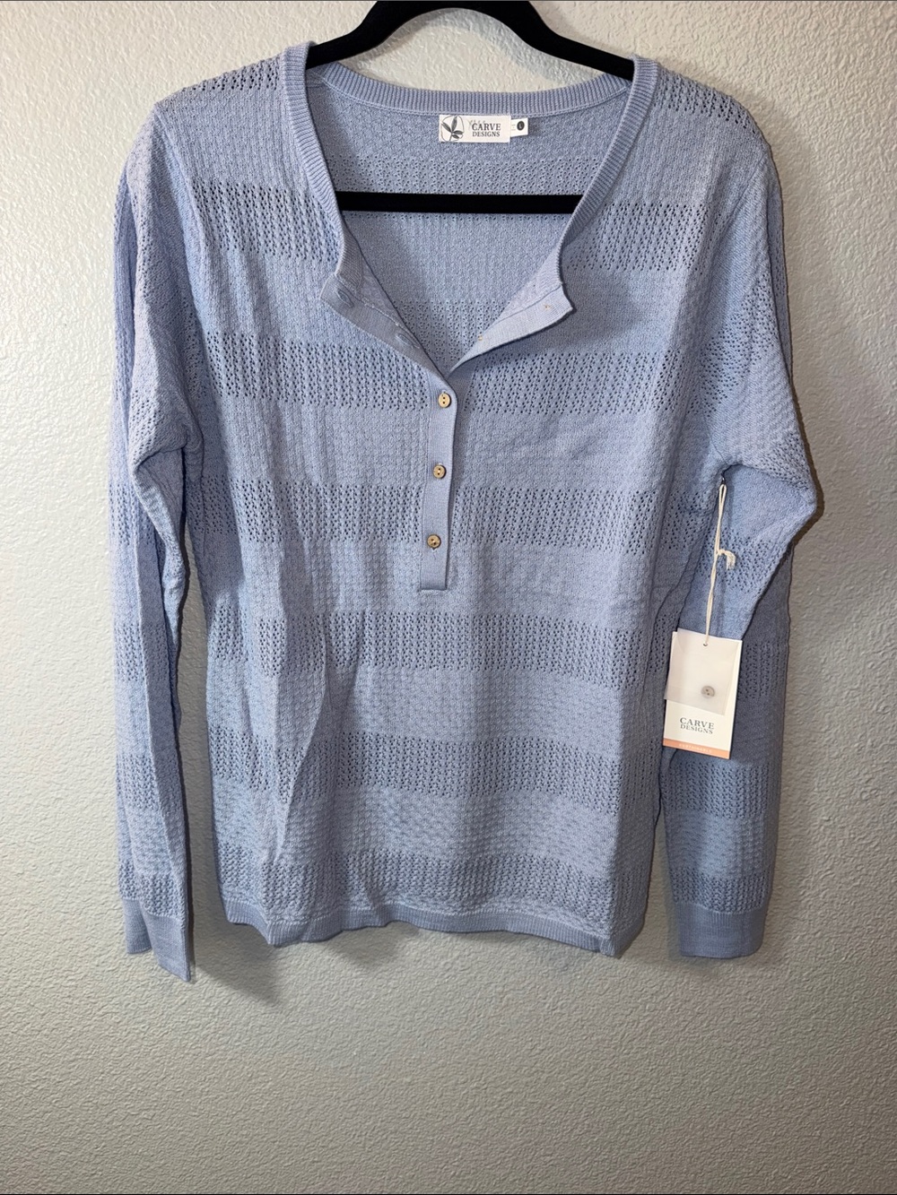 Carve Designs Light Blue Open-Knit Henley Long Sleeve Top